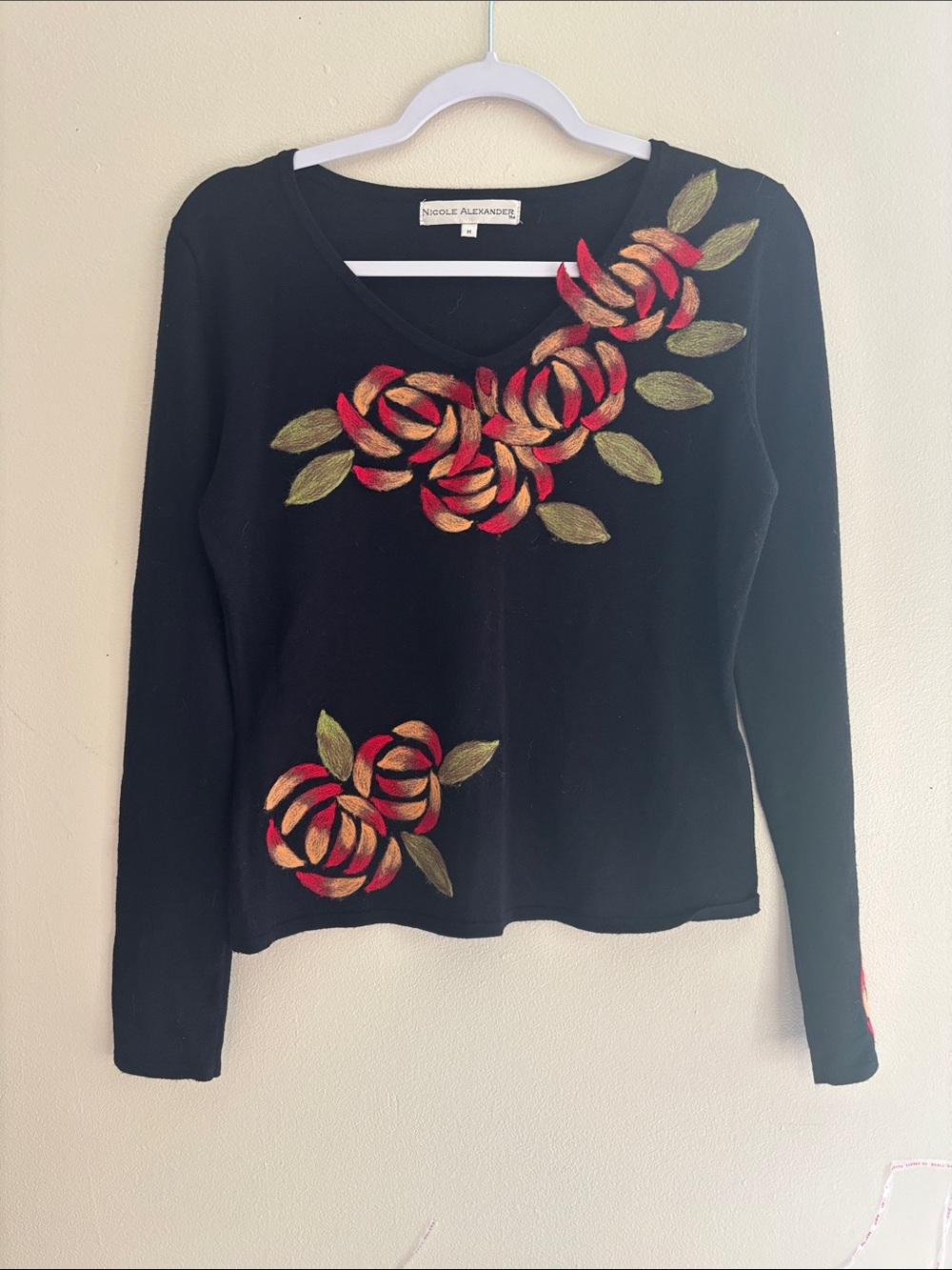 Nicole Alexander Black Floral Embroidered V-Neck Sweater
